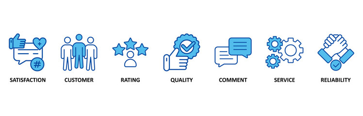 Feedback icon set In Blue Style, Vector Illustration for satisfaction, customer, rating, quality, comment, service and reliability