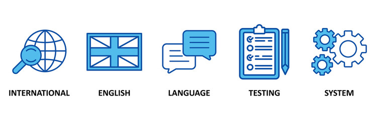 IELTS icon set In Blue Style, Vector Illustration for International English Language Testing System with an icon of globe, England flag, communication, evaluation, and gears