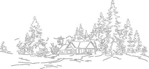 winter landscape with fir trees and line art or silhouette of cottage made by various hand drawn geometric patterns.