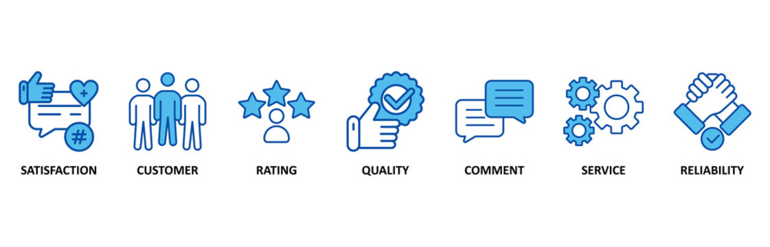Feedback icon set In Blue Style, Vector Illustration for satisfaction, customer, rating, quality, comment, service and reliability
