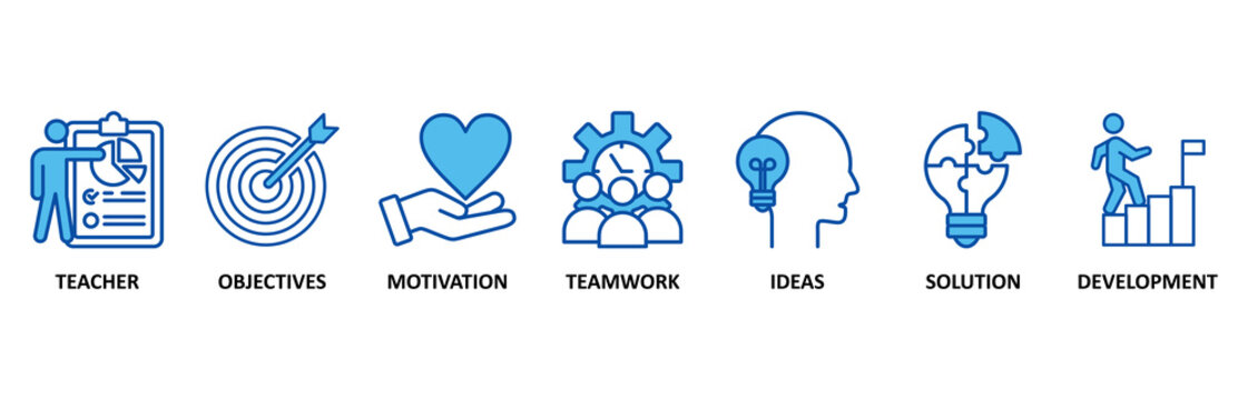 Workshop icon set In Blue Style, Vector Illustration for teacher, objectives, motivation, teamwork, ideas, solution, and development