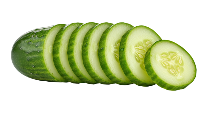Freshly sliced green cucumber pieces on isolated transparent background