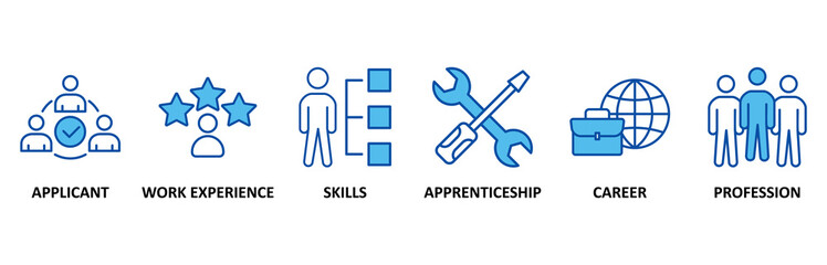 Traineeship icon set In Blue Style, Vector Illustration for apprenticeship on job training program with icon of applicant, work experience, skills, internship, career, and profession