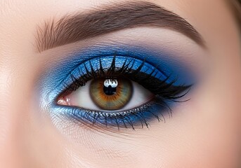 Obraz premium Detailed Macro Shot Of A Woman's Eye Showcasing Stunning Blue Eyeshadow And Long Dark Eyelashes.