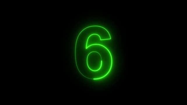 glowing neon text green 6 number countdown icon animation,abstract neon text 6 number countdown icon animation on black background,neon numbers, Bright neon glowing number 6