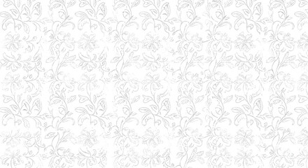 Seamless white floral pattern with delicate botanical illustrations and intricate line art.