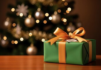 A Green Gift Box With A Golden Ribbon Sits On A Wooden Table, Featuring A Blurred Christmas Tree And Festive Bokeh Lights.
