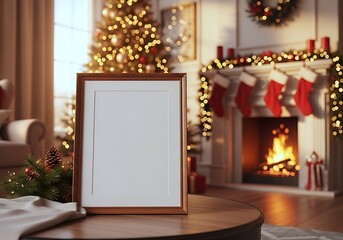 A Blank Picture Frame Sits On A Wooden Table In A Cozy Living Room Adorned With Christmas Decorations, Including A Lit Tree, Fireplace, And Stockings.