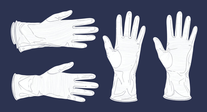 Line art illustrations of white medical gloves on a dark blue background.
