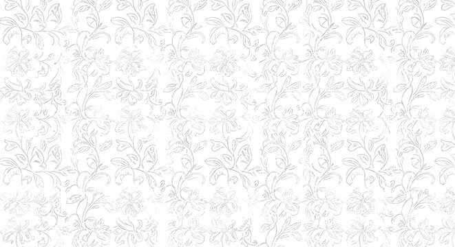 Seamless white floral pattern with delicate botanical illustrations and intricate line art.