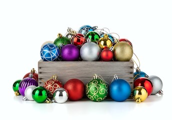A Diverse Collection Of Brightly Colored Christmas Ornaments Is Arranged Within And Around A Rustic Wooden Crate On A Pure White Background. This Festive Display Evokes Holiday Cheer.