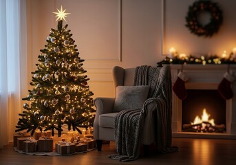 Warm Christmas Living Room With A Decorated Tree, Gifts, And A Cozy Fireplace Creating A Festive Atmosphere.