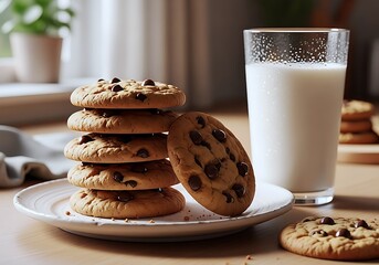 Freshly Baked Chocolate Chip Cookies Stacked On A Plate With A Tall Glass Of Cold Milk Ready For A Delicious Snack Or Dessert.