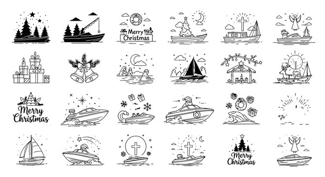 Festive forest silhouette with stars for winter holidays featuring evergreen trees and nature inspired scene in minimalist line art style isolated on white background exactly 200 characters