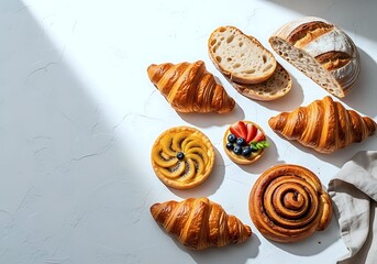 An Assortment Of Freshly Baked Pastries And Breads Arranged On A Bright White Textured Surface. Featuring Croissants, Sourdough, And Fruit Tarts, Perfect For Breakfast Or Dessert.