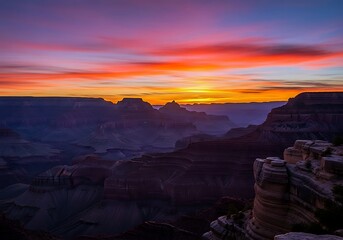 Grand Canyon At Sunset, Featuring Dramatic Layered Rock Formations Illuminated By A Sky Bursting With Vibrant Hues Of Orange, Pink, And Purple.
