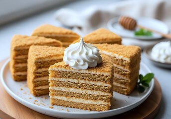Close Up Of Delicious Multi Layered Honey Cake Slices Topped With Whipped Cream On A White Plate Ready To Be Served.