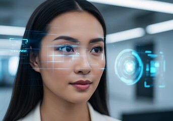 A Young Asian Woman Interacting With A Futuristic Holographic Digital Interface, Showcasing Advanced Augmented Reality Technology And Biometric Scanning.