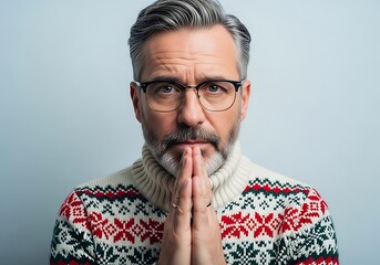 A Mature Man With Glasses And Gray Hair And Beard Wears A Festive Fair Isle Sweater While His Hands Are Clasped In A Thoughtful Gesture.
