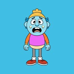 Scared blue cartoon character with orange hat and purple shirt isolated on white background silhouette