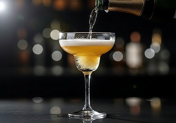 Sparkling Champagne Is Poured Into A Classic Coupe Glass, Creating Effervescent Bubbles Amidst A Blurry, Elegant Bar Background.