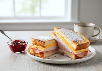 A Delicious Savory French Toast Sandwich With Layers Of Ham And Turkey And Melted Cheese, Dusted With Powdered Sugar. Perfect For Breakfast Or Brunch.