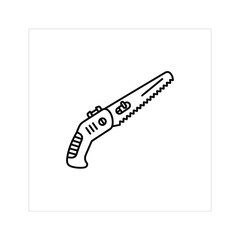 Simple black and white line art drawing of a small hand saw with serrated blade, isolated on