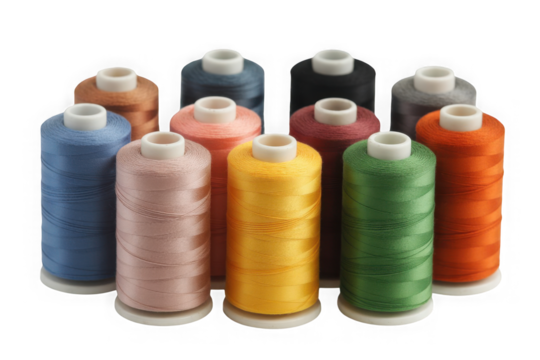 Assortment of colorful sewing thread spools on a white background isolated on transparent background