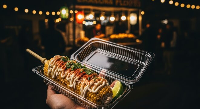 Corn on the cob with toppings in a clear container at night market