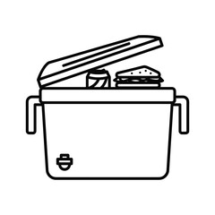 Simple black and white line art icon of an open lunch box container holding a sandwich and a small round food item, isolated on