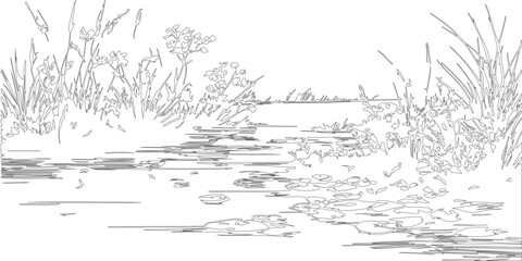 vector illustration of a landscape or sketch art vector silhouette of soil surface natural view with various small plants.