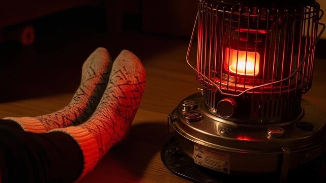 ストーブの前で足を伸ばす暖かい靴下の人物
