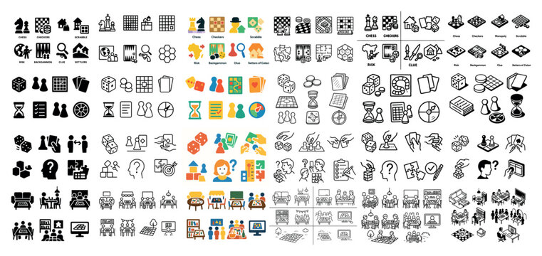 Board game icons collection in various styles