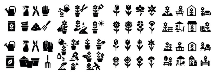 Garden tools and plant care icon set