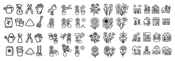 Hand-drawn gardening tools and flower icons set