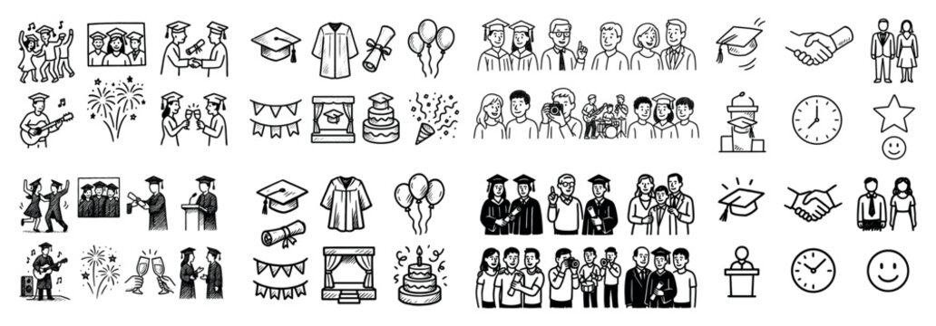 Graduation celebration icons and group portraits