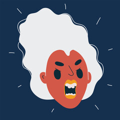 Cartoon vector illustration of an angry woman’s face expressing rage and frustration against dark background