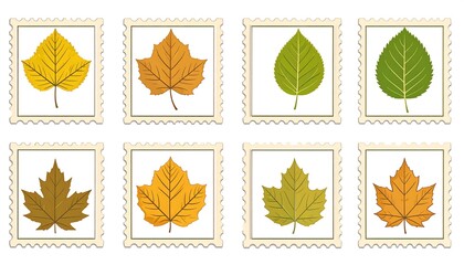 Collection of autumn leaves in stamp frames showcasing seasonal beauty and colors