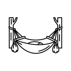Simple black and white line icon illustration of a hammock tied between two trees for relaxation and camping, isolated on