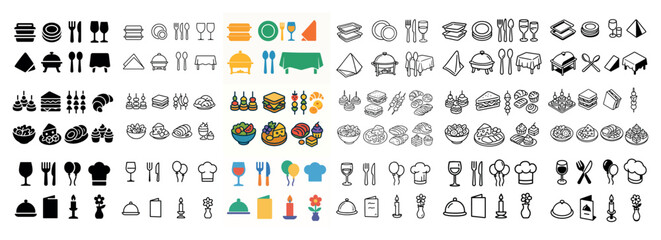Fototapeta premium Colorful and outline dining icons collection