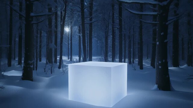 Mysterious glowing video stand for advertising in a winter forest, perfect for unique product promotion opportunities