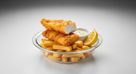Crispy fish and chips with lemon wedge and tartar sauce in glass bowl