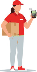 Delivery person holding package and payment terminal, courier service illustration, modern logistics concept, online shopping and parcel delivery vector