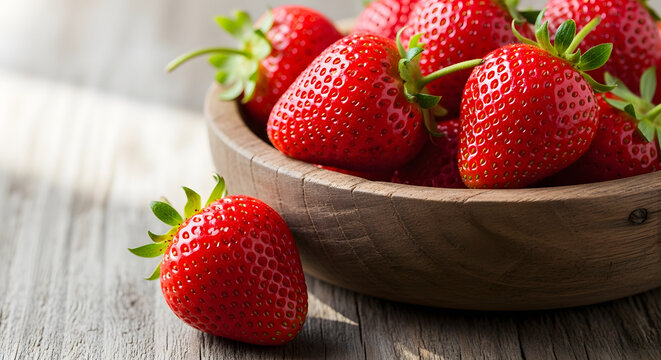 Close up of fresh strawberries in a wooden bowl on a rustic wooden surface in soft natural light - Powered by Adobe