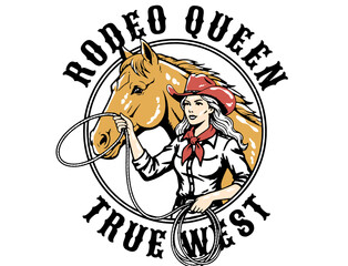 Vintage western emblem illustration of a rodeo queen cowgirl with her horse and lasso, grunge style.