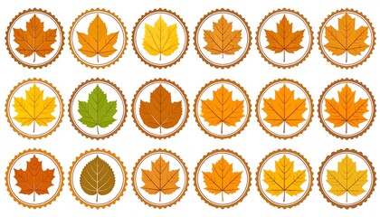 Collection of vibrant autumn leaf icons in decorative circle frames perfect for designs