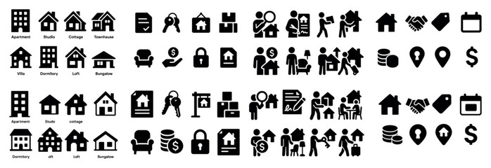 Black icons set: housing, people, business, security