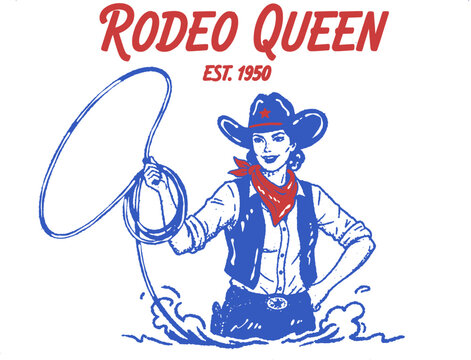 Vintage western emblem illustration of a rodeo queen cowgirl with her horse and lasso, grunge style.