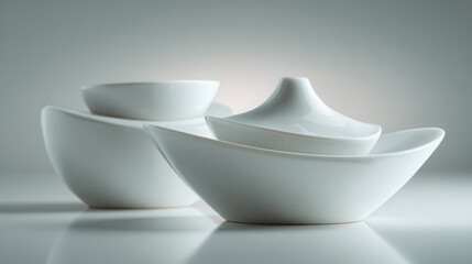 Elegant white ceramic bowls in various shapes arranged on a light background