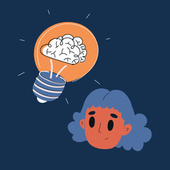 Cartoon vector illustration of a woman with a brain inside a glowing light bulb symbolizing ideas, creativity, and intelligence against dark background